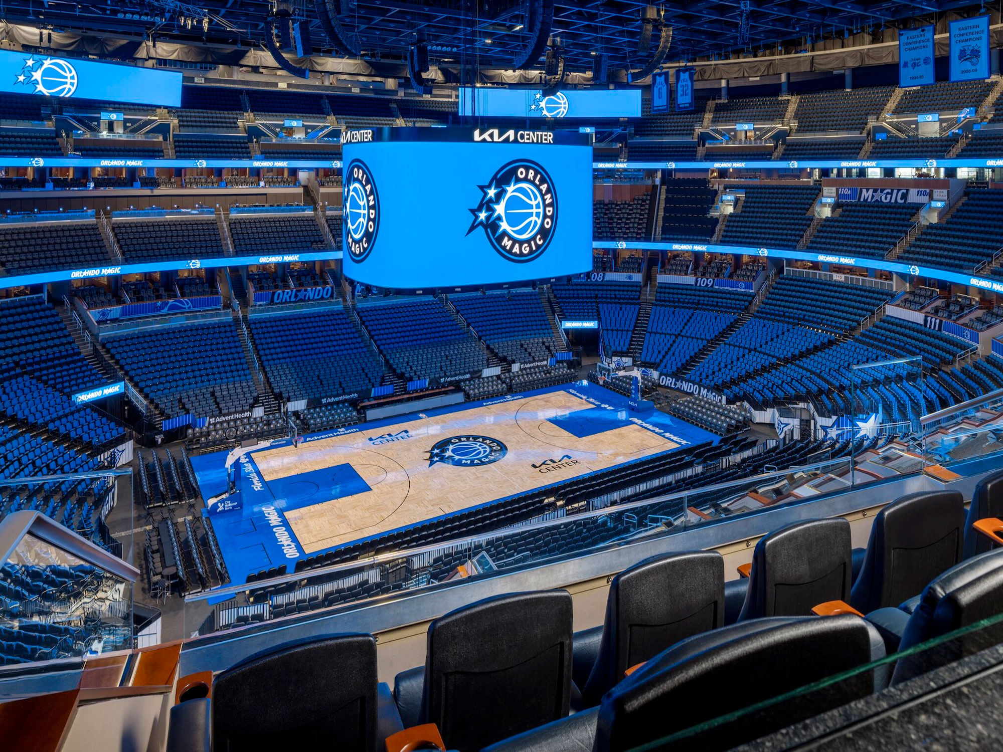 Premium seating rows overlooking the court at Kia Center